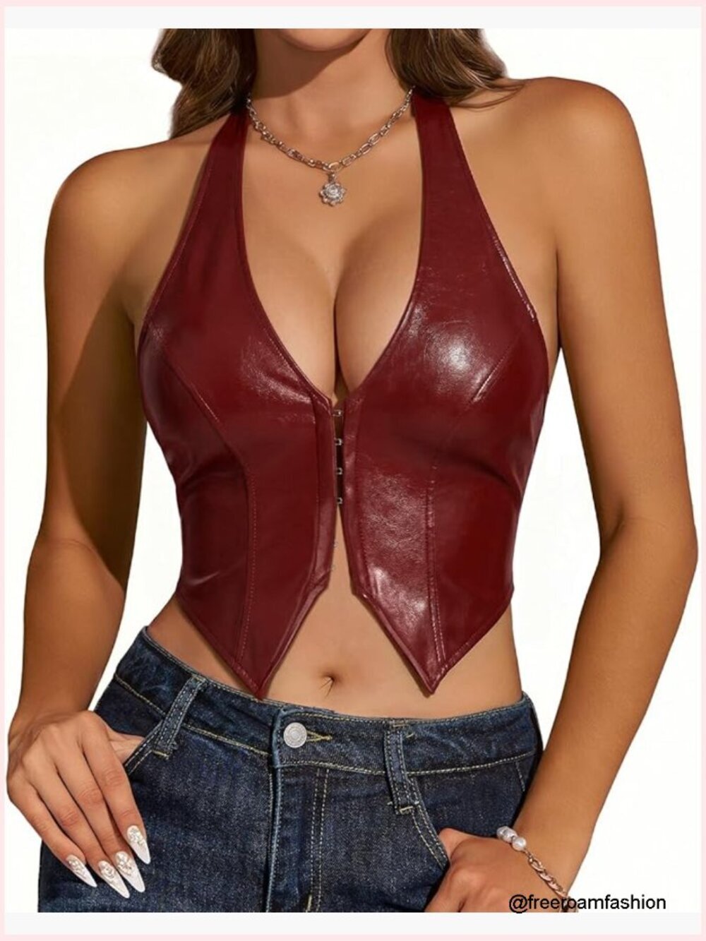 PU Leather Halter Top Corset Deep V Neck Backless Crop Tank Party Club